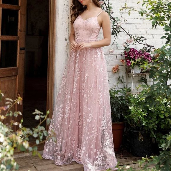 Baby Prom Womens Pink Embroidery Mesh Overlay Cami Flowy Maxi Dress - Picture 4 of 5